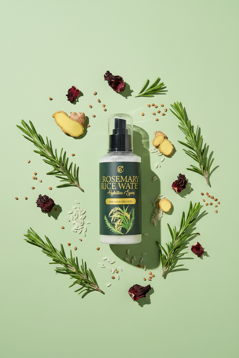 Rosemary Rice Water – Ingredient Flat Lay